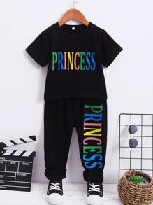 SHEIN Toddler Girls Letter Graphic Tee & Trousers - Black - View 1