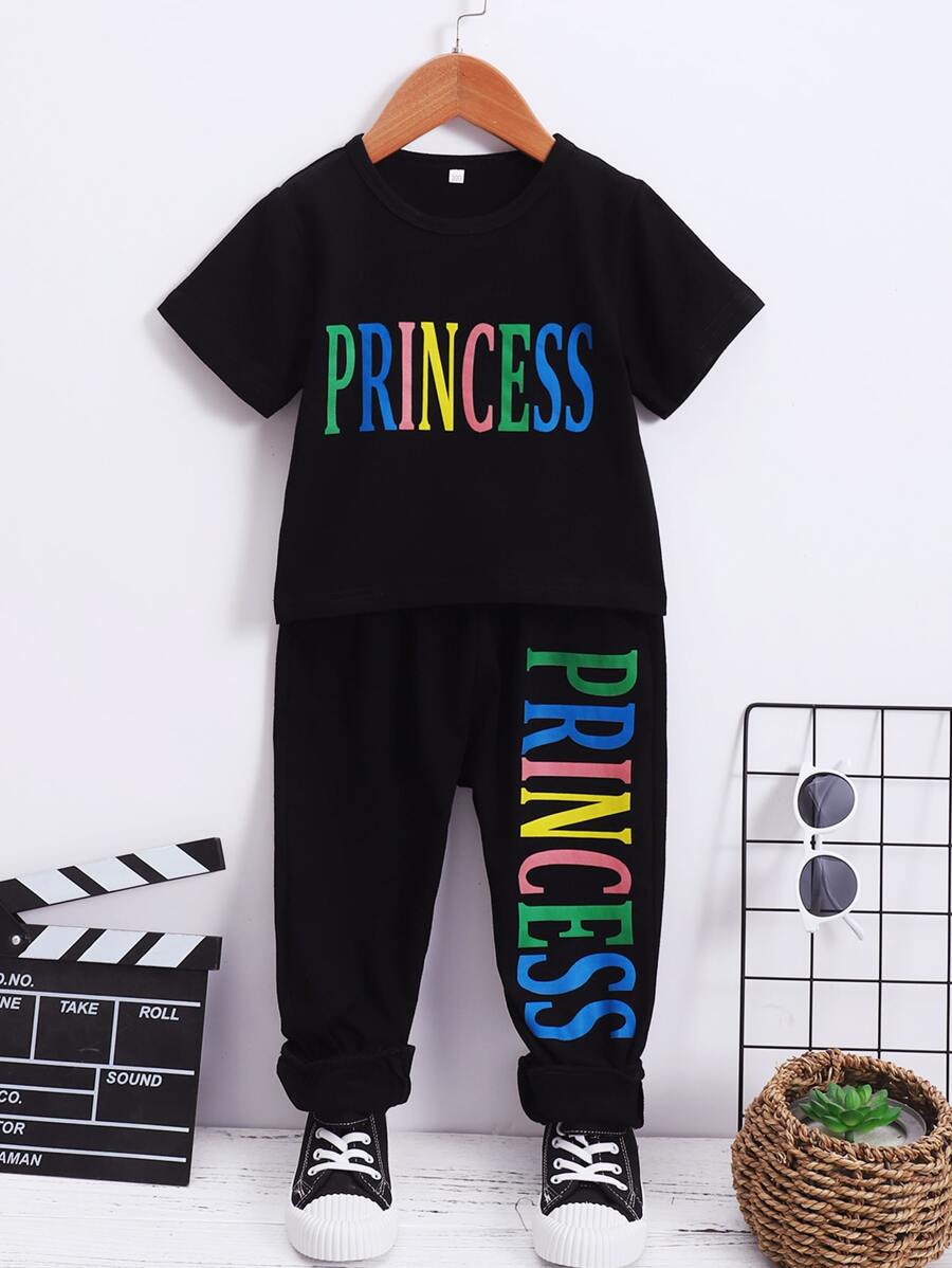 SHEIN Toddler Girls Letter Graphic Tee & Trousers - Black - View 1