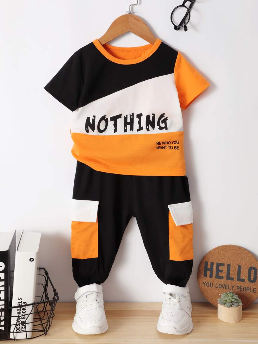 SHEIN Chàng trai trẻ Đồ họa Khẩu hiệu Khối màu Áo thun & Túi có nắp Đã vá Quần thể thao - Nhiều màu - Xem 1