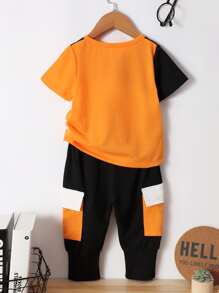 SHEIN Chàng trai trẻ Đồ họa Khẩu hiệu Khối màu Áo thun & Túi có nắp Đã vá Quần thể thao - Nhiều màu - Xem 2