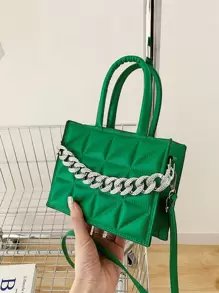 Quadratische Tasche mit Steppmuster, Kette Dekor - Grün - Übersicht 1