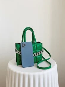 Quadratische Tasche mit Steppmuster, Kette Dekor - Grün - Übersicht 3