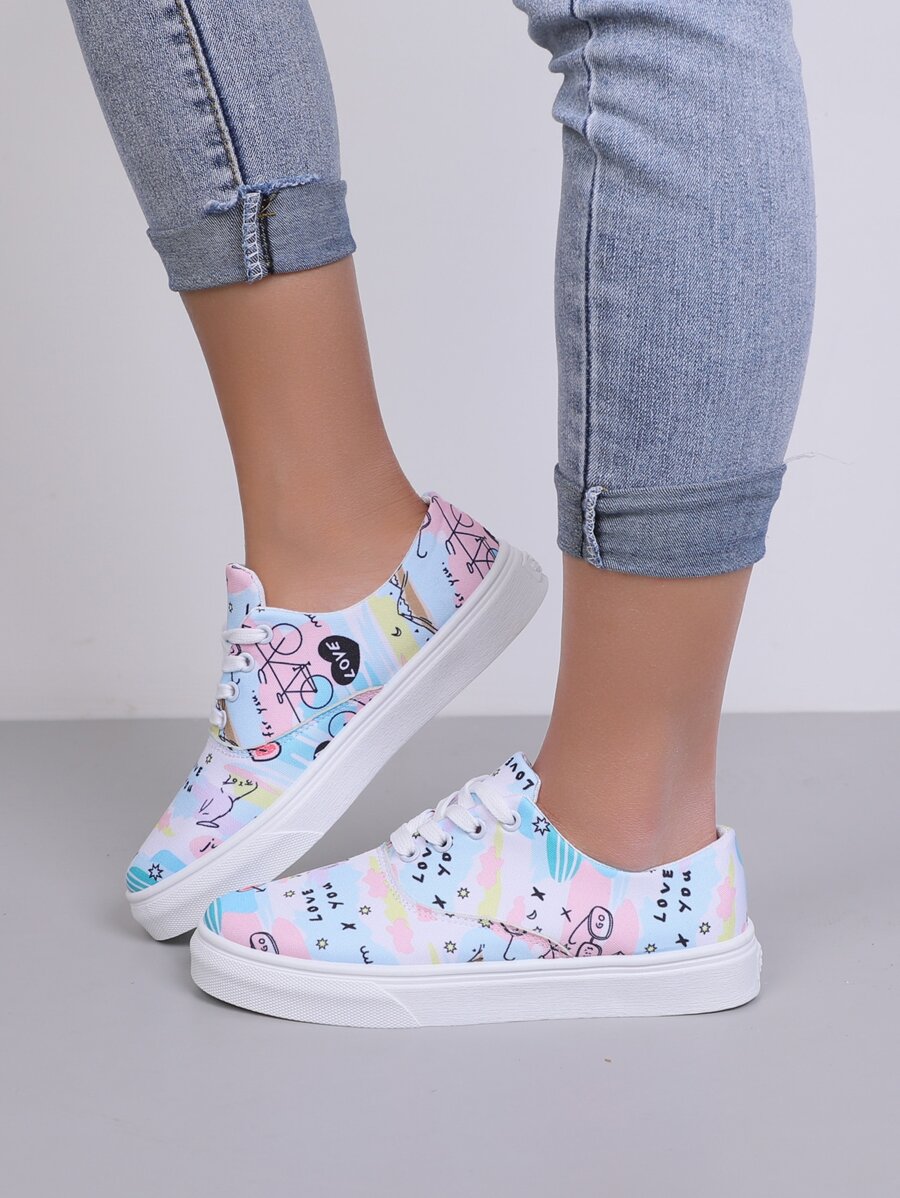 Letter & Cartoon Graphic Lace-up Front Canvas Shoes - Multicolor - View 1