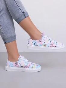 Letter & Cartoon Graphic Lace-up Front Canvas Shoes - Multicolor - View 2