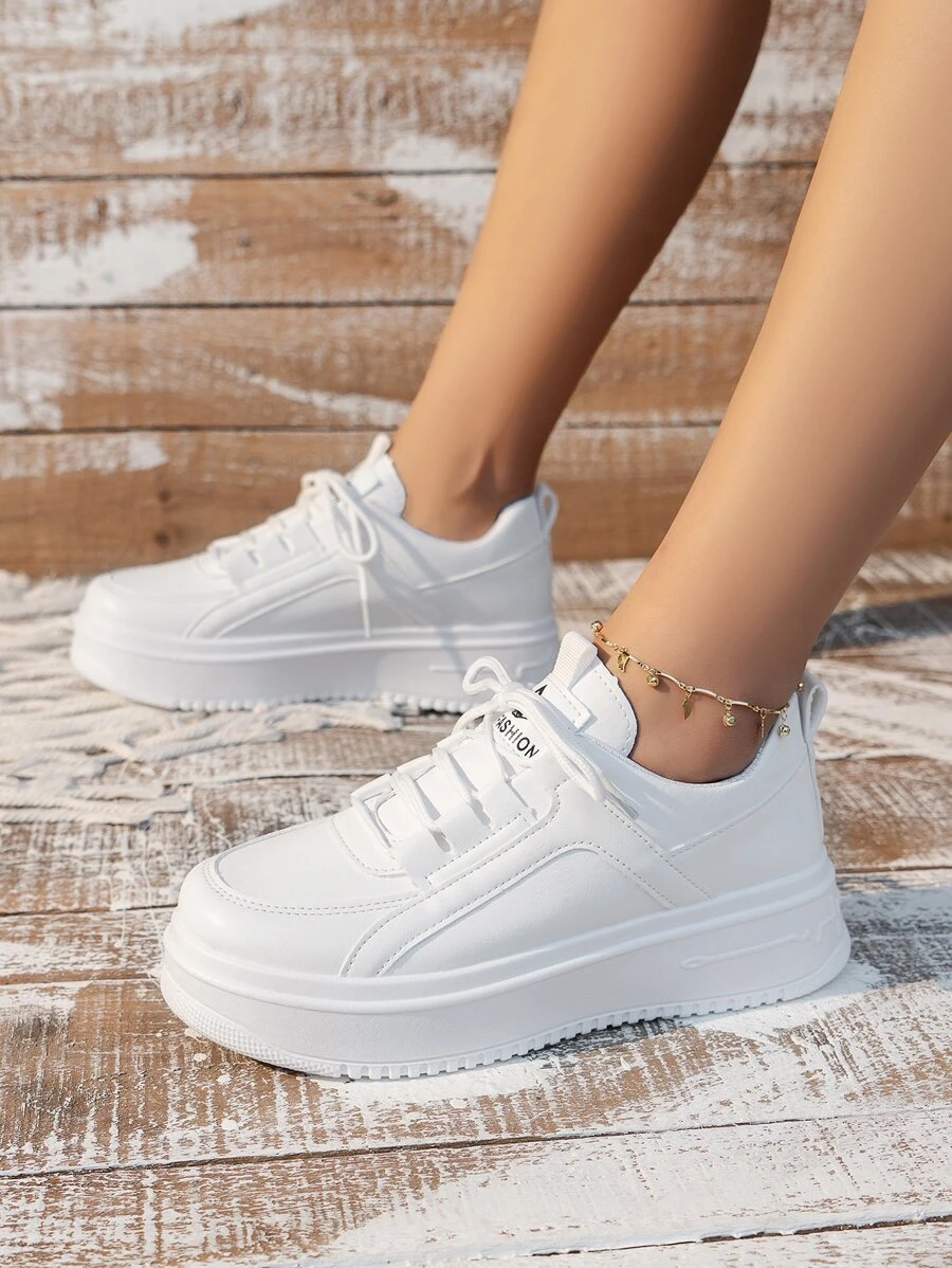 Women's Casual Sports Shoes, White Color, Spring/Autumn New Fashion, Leather Upper, Comfortable Breathable Thick Sole, Round Toe, Lace-Up, Lightweight Style Sneakers, Versatile Outdoor Flat Non-Slip Shoes