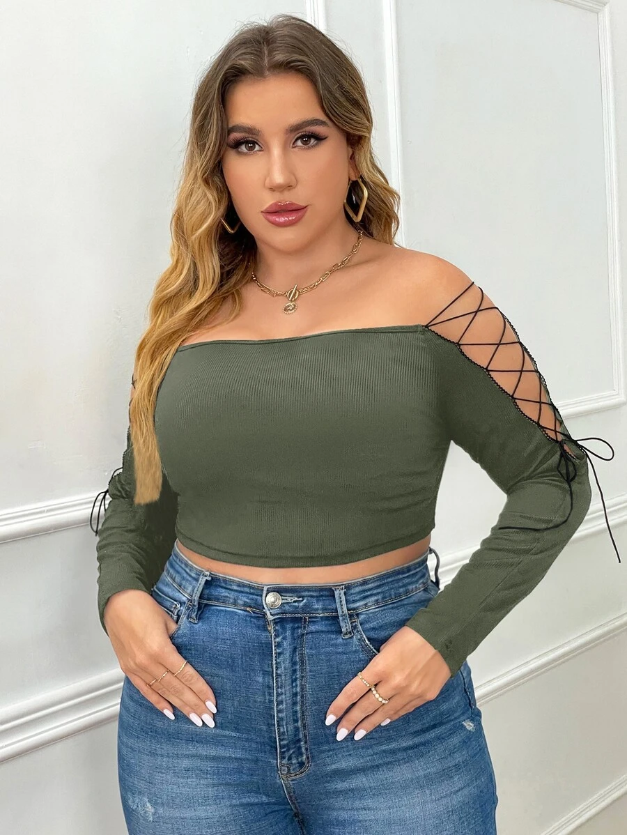 SHEIN Unity Plus Off Shoulder Lace Up Side Crop Tee - Army Green - View 1