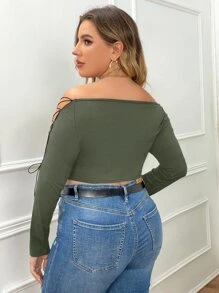 SHEIN Unity Plus Off Shoulder Lace Up Side Crop Tee - Army Green - View 2