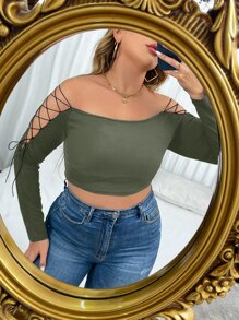 SHEIN Unity Plus Off Shoulder Lace Up Side Crop Tee - Army Green - View 4