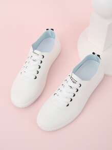 字母圖案前綁帶板鞋,時尚素色白色女士休閒運動鞋 - 白色 - 查看 1