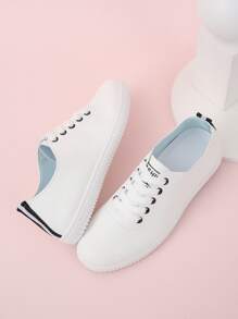 字母圖案前綁帶板鞋,時尚素色白色女士休閒運動鞋 - 白色 - 查看 5