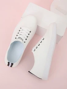 字母圖案前綁帶板鞋,時尚素色白色女士休閒運動鞋 - 白色 - 查看 4
