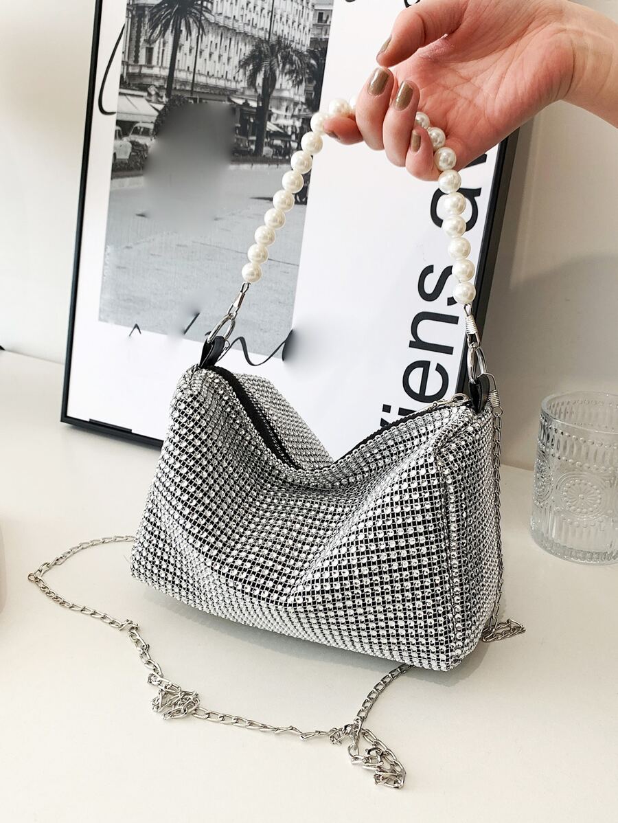 迷人閃閃發光，亮片，奢華，閃亮迷你水鑽和人造珍珠裝飾水桶包晚宴包，人造珍珠晚宴包，水鑽適合派對女孩，女士，新娘完美適合派對、婚禮、舞會、晚餐/宴會、雞尾酒 - 銀色 - 查看 1