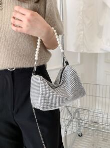 迷人閃閃發光，亮片，奢華，閃亮迷你水鑽和人造珍珠裝飾水桶包晚宴包，人造珍珠晚宴包，水鑽適合派對女孩，女士，新娘完美適合派對、婚禮、舞會、晚餐/宴會、雞尾酒 - 銀色 - 查看 2