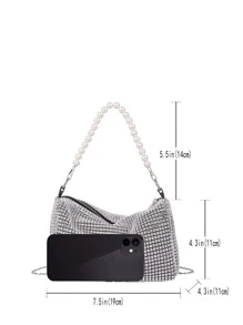 迷人閃閃發光，亮片，奢華，閃亮迷你水鑽和人造珍珠裝飾水桶包晚宴包，人造珍珠晚宴包，水鑽適合派對女孩，女士，新娘完美適合派對、婚禮、舞會、晚餐/宴會、雞尾酒 - 銀色 - 查看 3