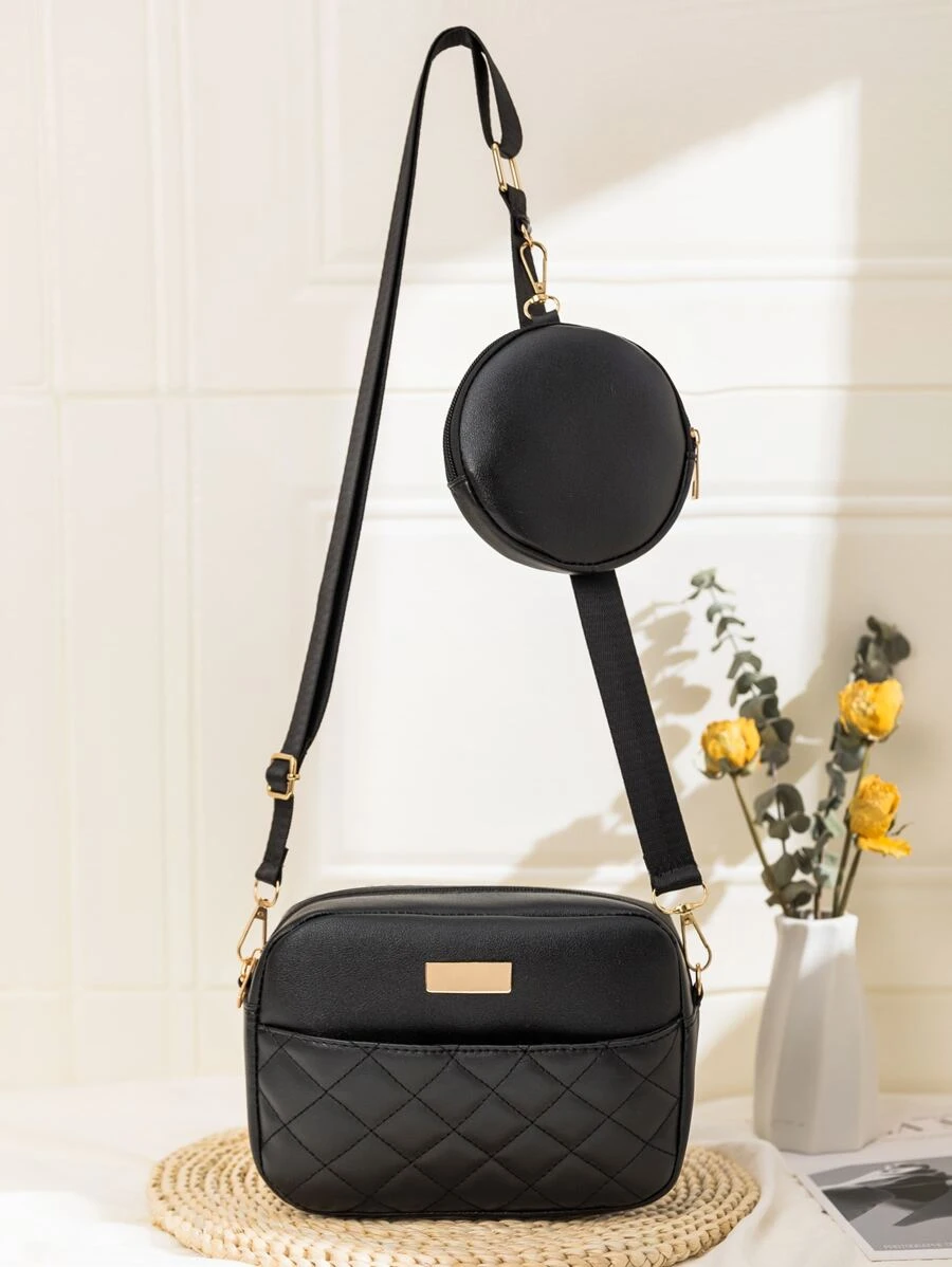 絎縫圖案金屬細節貝殼包附硬幣盒 - 黑色 - 查看 1