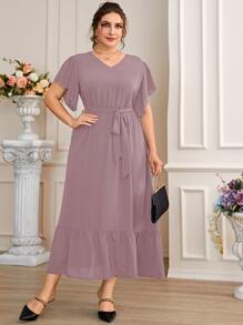 Mulvari Đầm Plus Size Thắt lưng Viên lá sen màu trơn Thanh lịch - Màu tím hoa cà - Xem 3