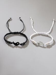 時尚流行2入組男式陰陽細節手鍊合金，適合珠寶禮物和時尚外觀 - 黑與白 - 查看 2