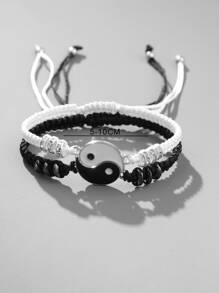 時尚流行2入組男式陰陽細節手鍊合金，適合珠寶禮物和時尚外觀 - 黑與白 - 查看 3