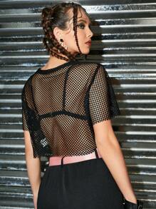 ROMWE PUNK 漁網網紗短款上衣不附胸罩 - 黑色 - 查看 2