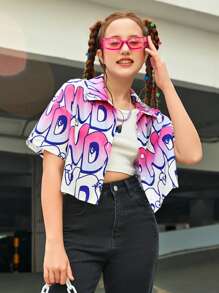 SHEIN Teen Girls Letter Graphic Drop Shoulder Blouse - Multicolor - View 1