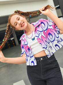 SHEIN Teen Girls Letter Graphic Drop Shoulder Blouse - Multicolor - View 4