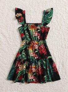 SHEIN Teen Girls Ruffle Trim Tropical Print Dress - Multicolor - View 2