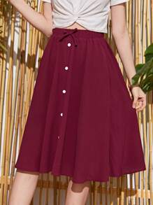 SHEIN Teen Girls Single Breasted Flared Skirt - Burgundy - View 4