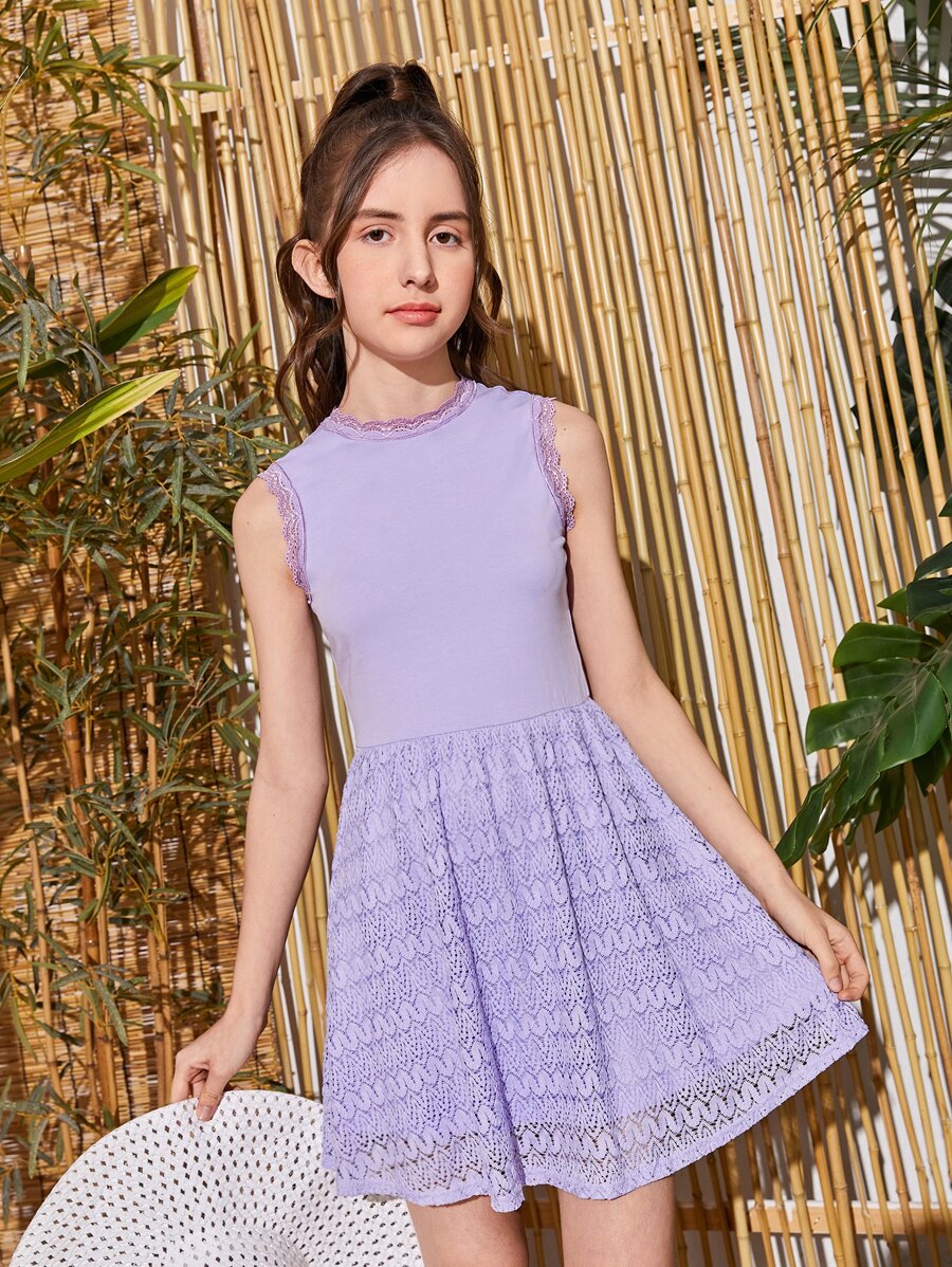 SHEIN 青少年女孩蕾絲拼接連衣裙 - 紫丁香色 - 查看 1