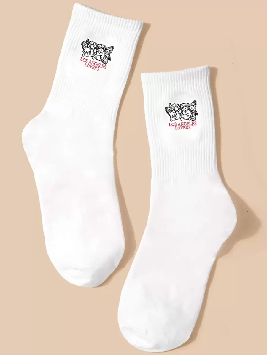 Angel & Letter Graphic Crew Socks - trắng - Xem 1
