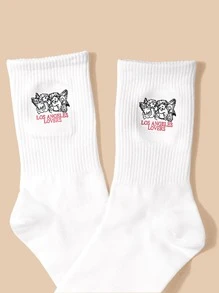 Angel & Letter Graphic Crew Socks - trắng - Xem 2