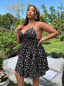 Đầm Plus Size Lộ Lưng Hoa Tất cả trên in Boho - màu đen - Xem 5