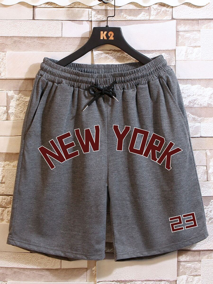 Manfinity Campus Court Aesthetic Post--Men Letter Graphic Drawstring Waist Shorts - Dark Grey - View 1