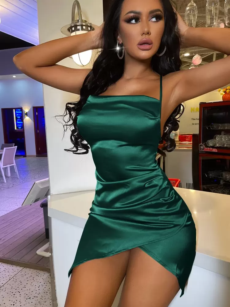 SHEIN SXY Draped Collar Tulip Hem Crisscross Backless Satin Cami Dress - Dark Green - View 1