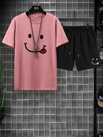 Hombres con estampado de dibujos animados Camiseta & de cintura con cordón Shorts