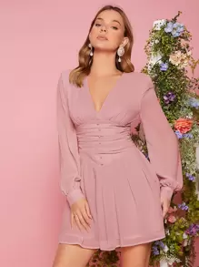 SHEIN Privé Solid Button Front Lantern Sleeve A-line Dress - Dusty Pink - View 1