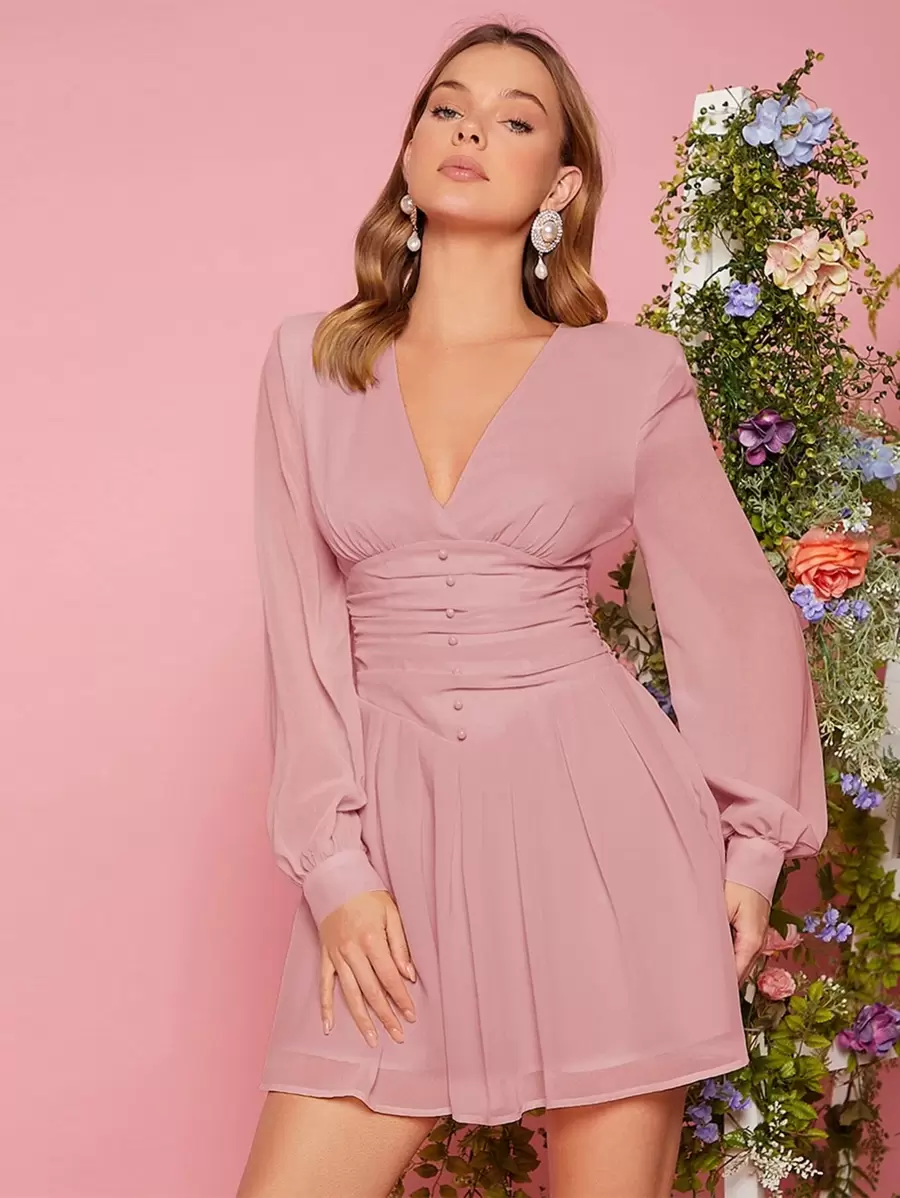 SHEIN Privé Solid Button Front Lantern Sleeve A-line Dress - Dusty Pink - View 1