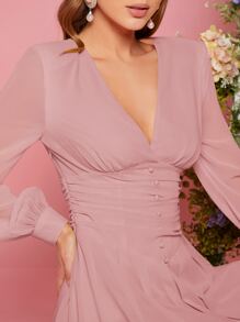 SHEIN Privé Solid Button Front Lantern Sleeve A-line Dress - Dusty Pink - View 6