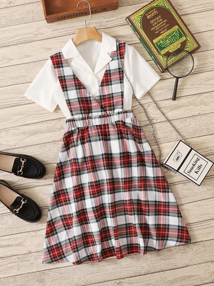 SHEIN 女孩西裝領襯衫和格紋印花背帶洋裝