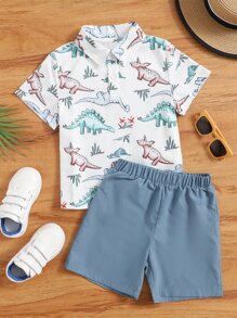 SHEIN Leap Crew 2 件套男孩恐龙印花上衣和短裤休闲装 - 彩色 - 查看 5