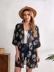 SHEIN Skull Print Sheer Kimono - Multicolor - View 1