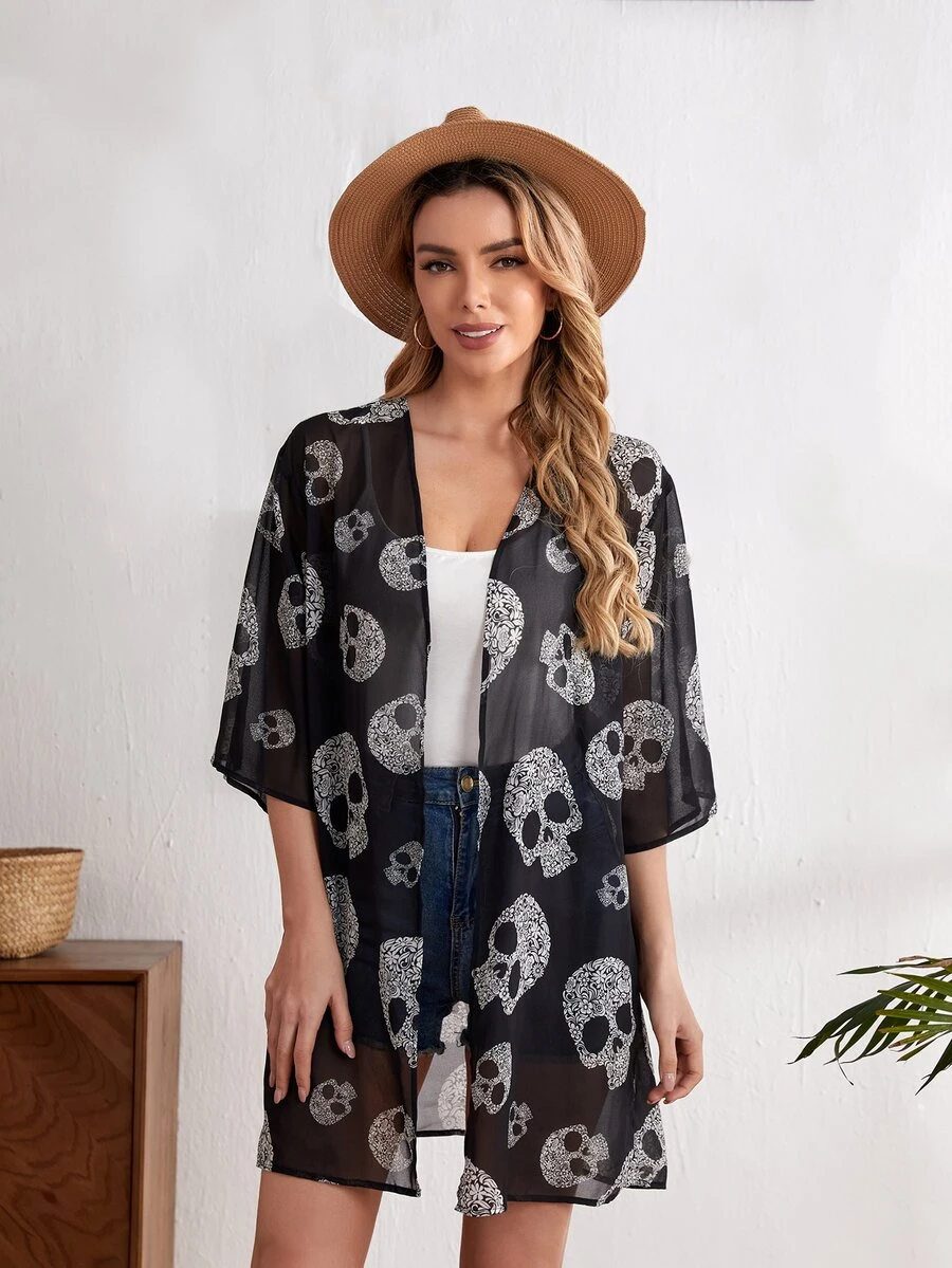 SHEIN Skull Print Sheer Kimono - Multicolor - View 1