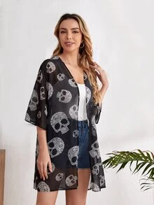 SHEIN Skull Print Sheer Kimono - Multicolor - View 4