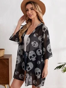 SHEIN Skull Print Sheer Kimono - Multicolor - View 5