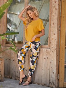 EMERY ROSE de manga murciélago Top & con estampado de dibujo Pantalones Conjunto - Multicolor - Ver 1