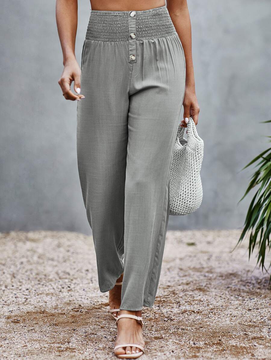 SHEIN Unity Pantalones de cintura fruncido con diseño de botón - Gris - Ver 1