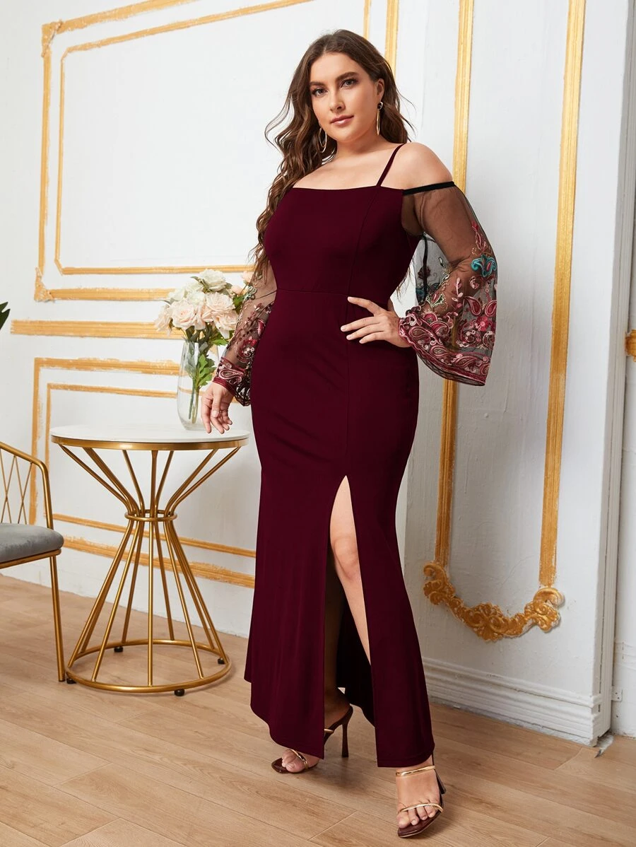 SHEIN Belle Váy xẻ đùi thêu tay lưới màu đỏ tía