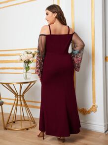 SHEIN Belle Váy xẻ đùi thêu tay lưới màu đỏ tía - Màu Đỏ Sâu - Xem 3