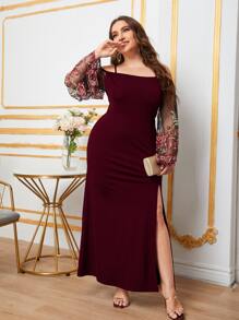 SHEIN Belle Váy xẻ đùi thêu tay lưới màu đỏ tía - Màu Đỏ Sâu - Xem 4