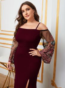 SHEIN Belle Váy xẻ đùi thêu tay lưới màu đỏ tía - Màu Đỏ Sâu - Xem 5