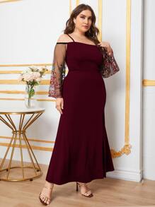 SHEIN Belle Váy xẻ đùi thêu tay lưới màu đỏ tía - Màu Đỏ Sâu - Xem 6